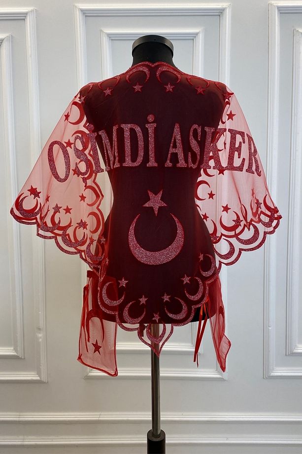 Kırmızı Simli O Şimdi Asker Şalı Örtüsü, Kırmızı Kına Omuz Örtüsü Duvağı - 2