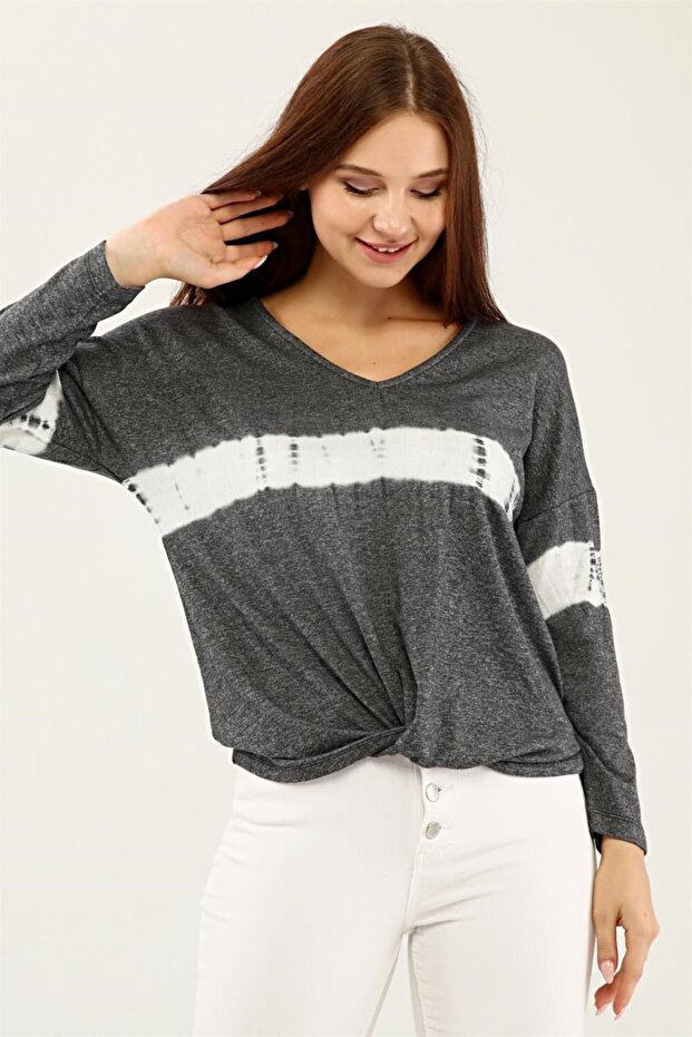 V-Neck Large Size Women's Casual Model Sweatshirt with Knot Detail on the Front-anthracite