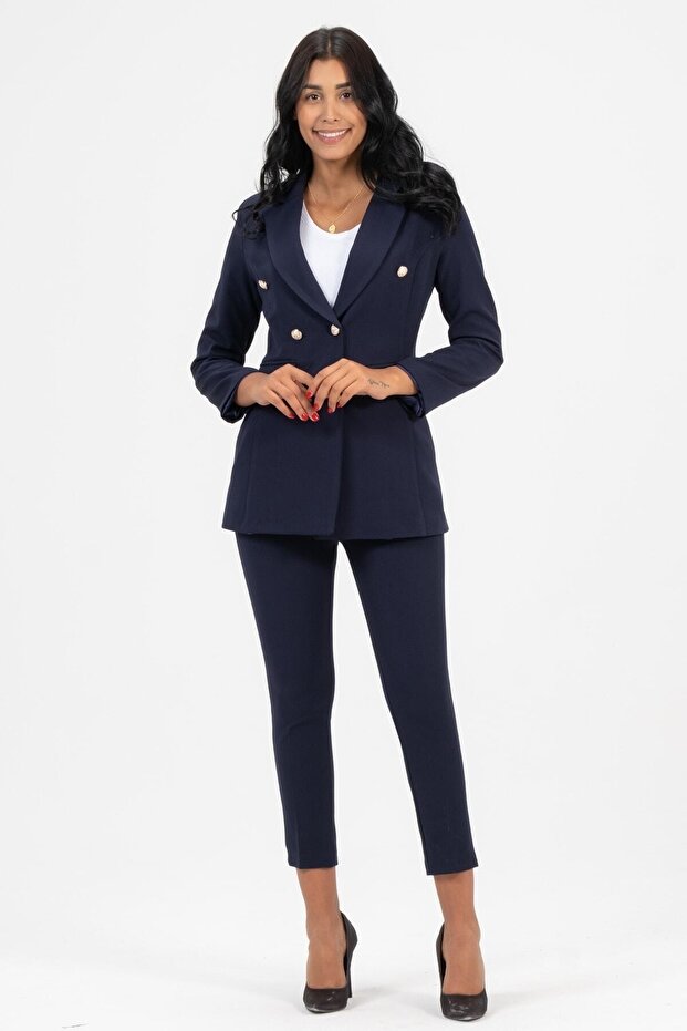 Women's Blazer Jacket Belted Pocketed Straight-Leg Trousers Set