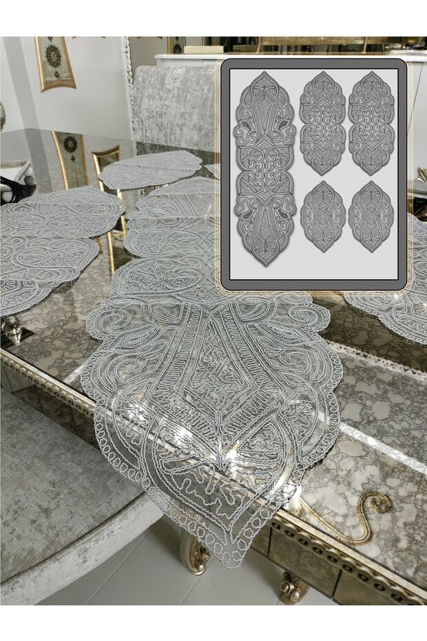 Ottoman 5 Piece Luxury Runner Living Room Coffee Table Tablecloth Set French Laced Dowry Set Gray