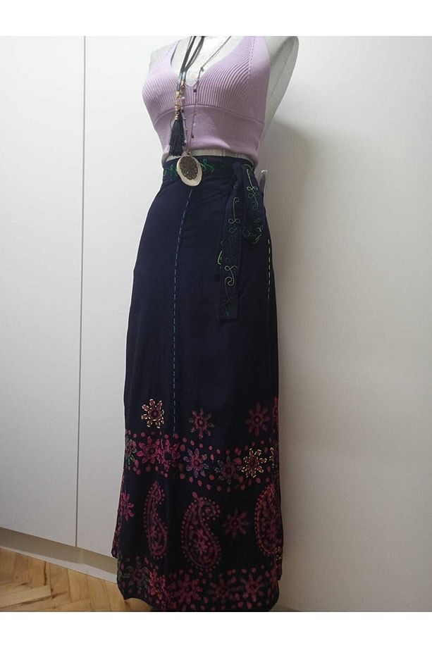 Hint Pembe Batik Çiçek Desenli Ve Işlemeli Uzun Hint Anvelop Etek - 5