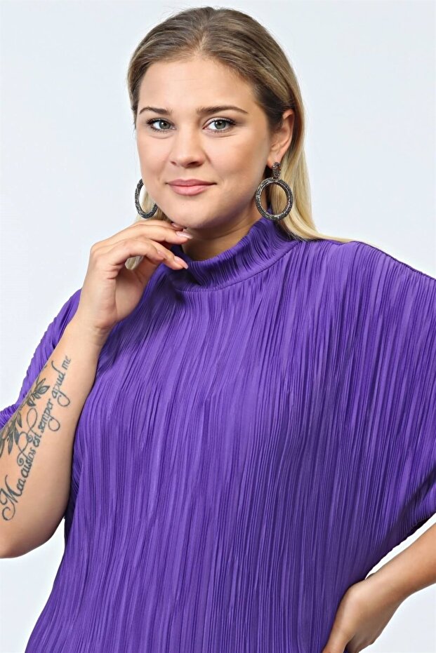 Plus Size Comfortable Stand Collar Straight Pleated Blouse - Purple