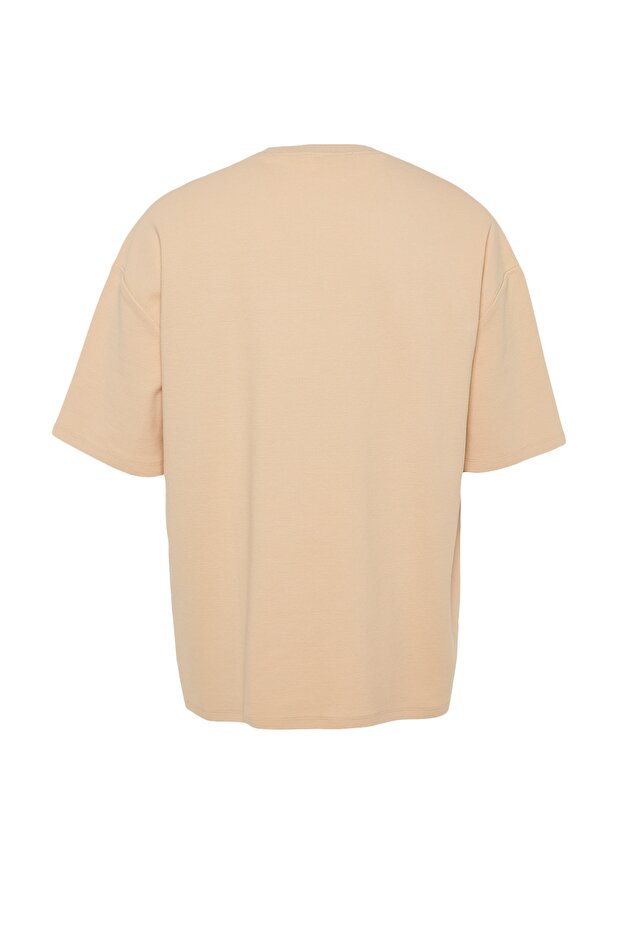 Bej Oversize %100 Pamuklu Etiketli Dokulu Basic Kalın T-Shirt TMNSS23TS00069 - 9