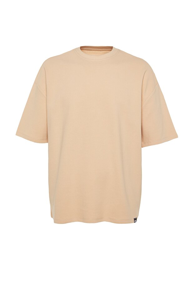 Bej Oversize %100 Pamuklu Etiketli Dokulu Basic Kalın T-Shirt TMNSS23TS00069 - 8