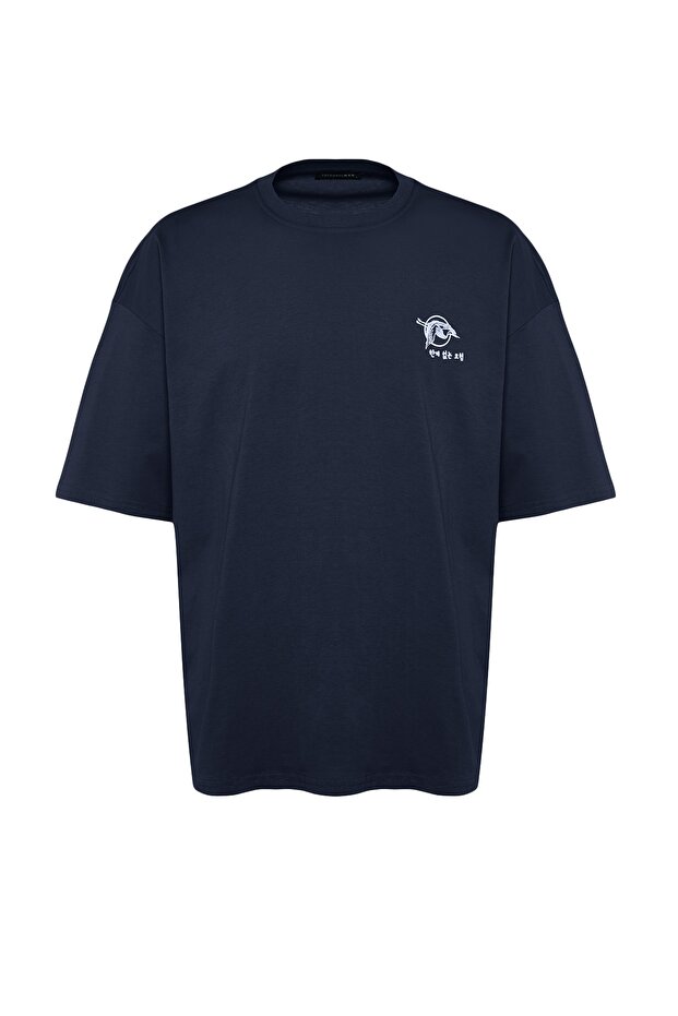 Lacivert Oversize/Geniş Kesim Uzak Doğu Baskılı Kısa Kol %100 Pamuklu T-Shirt TMNSS23TS00170 - 8