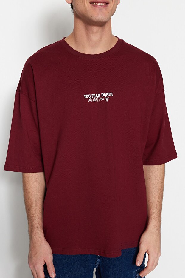 Bordo Oversize/Geniş Kesim %100 Pamuklu Minimal Yazı Baskılı T-Shirt TMNSS23TS00099 - 5