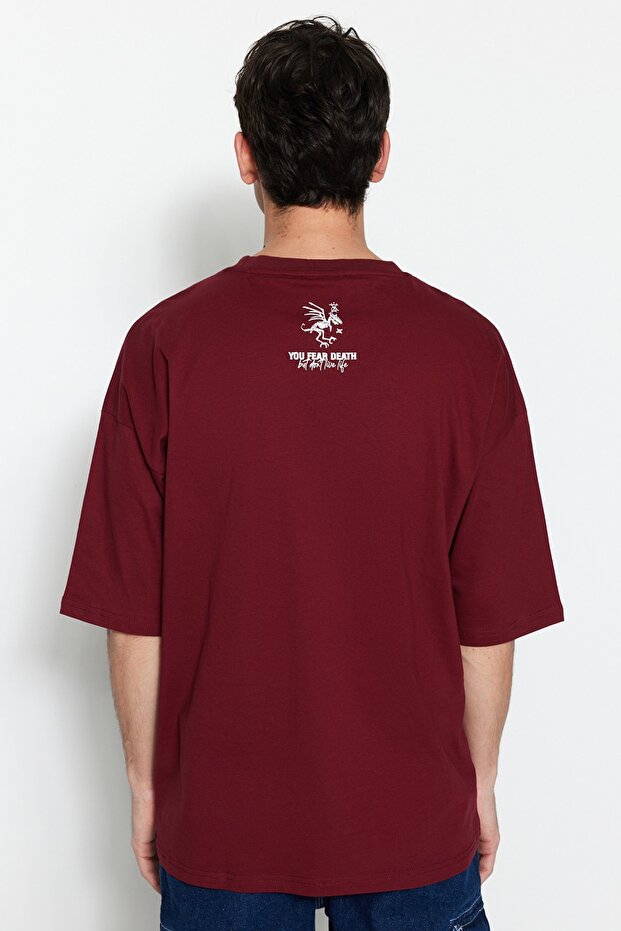 Bordo Oversize/Geniş Kesim %100 Pamuklu Minimal Yazı Baskılı T-Shirt TMNSS23TS00099 - 2