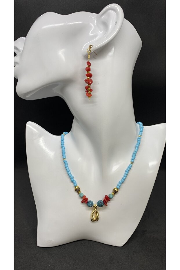 Handmade Ethnic Authentic Coral Stone Necklace Earring Set