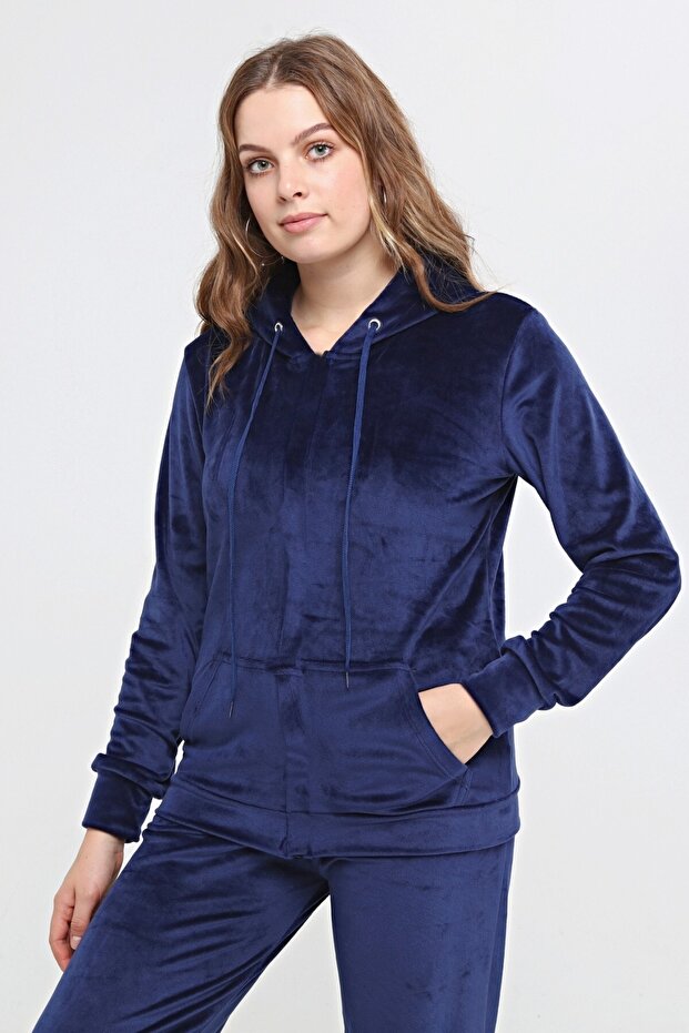 Thick Hooded Velvet Tracksuit Set Navy Blue