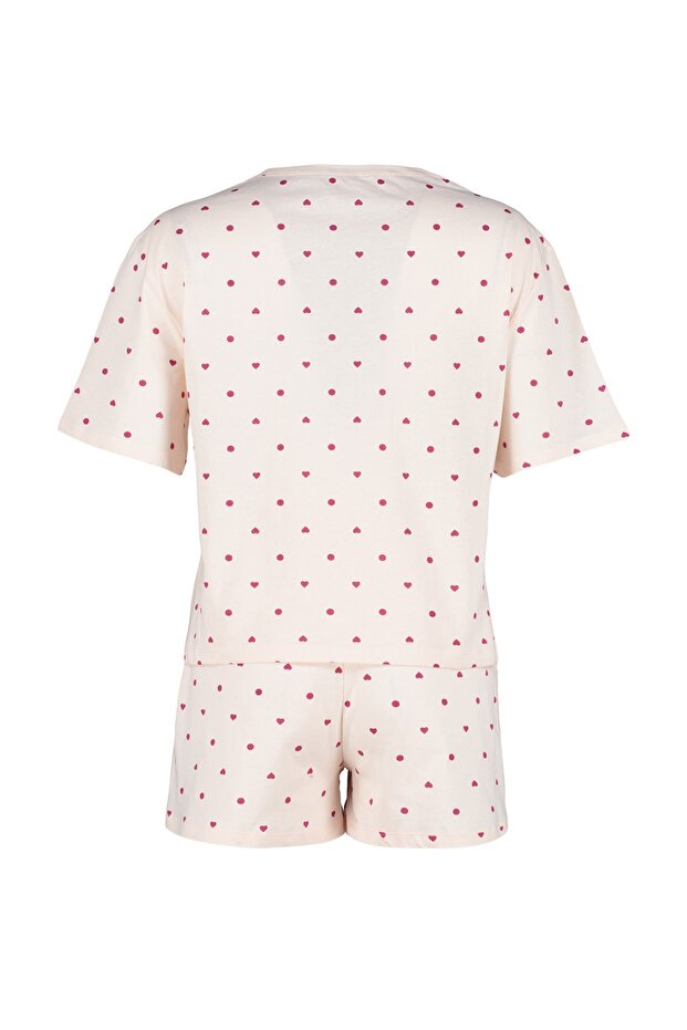 Açık Pembe %100 Pamuklu Puantiyeli ve Kalpli Şortlu Örme Pijama Takımı THMSS21PT1485 - 9