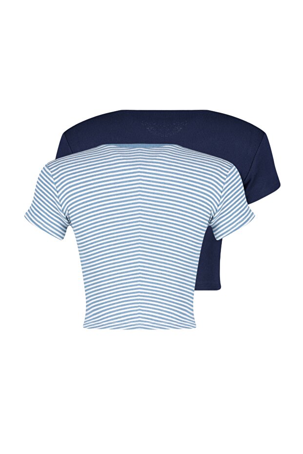 Mavi Çizgili-Lacivert Düz 2'li Paket Fitted/Vücuda Oturan Crop Fitilli Örme Bluz TWOSS23BZ00388 - 8