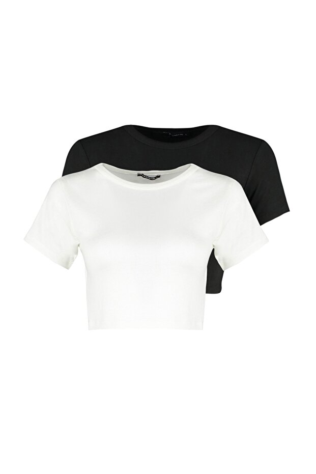 Siyah-Ekru 2'li Paket Crop Viskoz/Yumuşak Kumaş Esnek Örme Bluz TWOSS23BZ00108 - 6