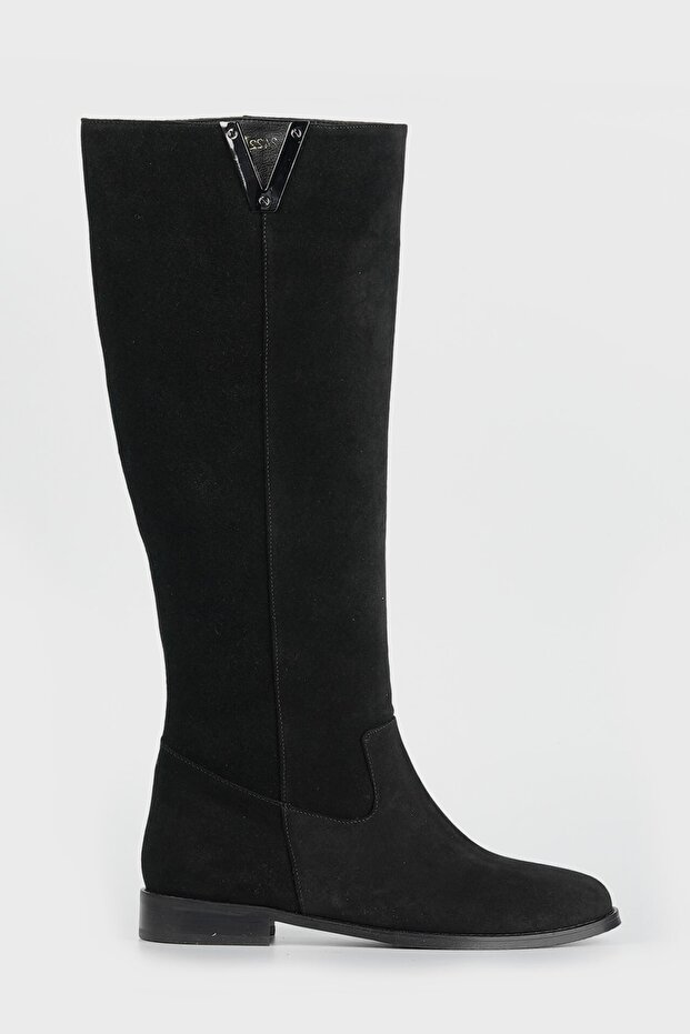 Women's Black Suede Genuine Natural Leather Bellows Flat Boots