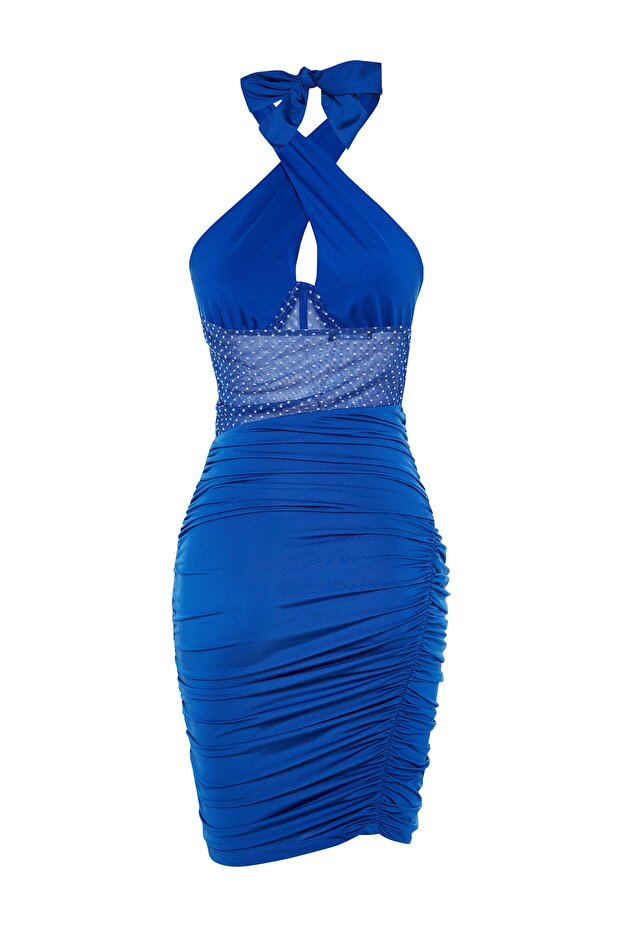 Saks Vücuda Oturan Korse Detaylı Örme Kısa Şık Abiye Elbise TPRSS23EL00318 - 8