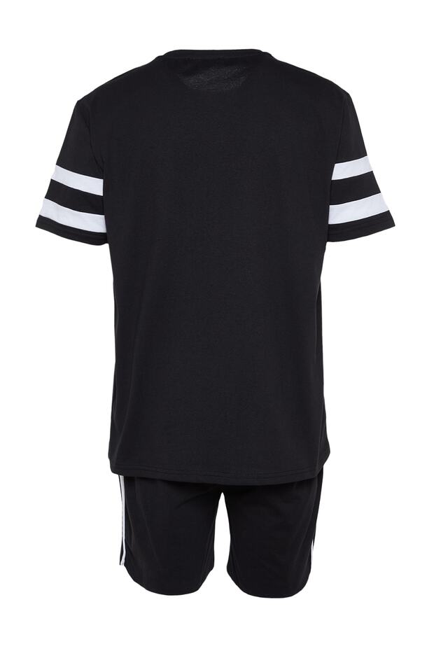 Siyah Regular Fit Bisiklet Yaka Kol Şeritli Şortlu Pijama Takımı TMNSS23PT00001 - 11