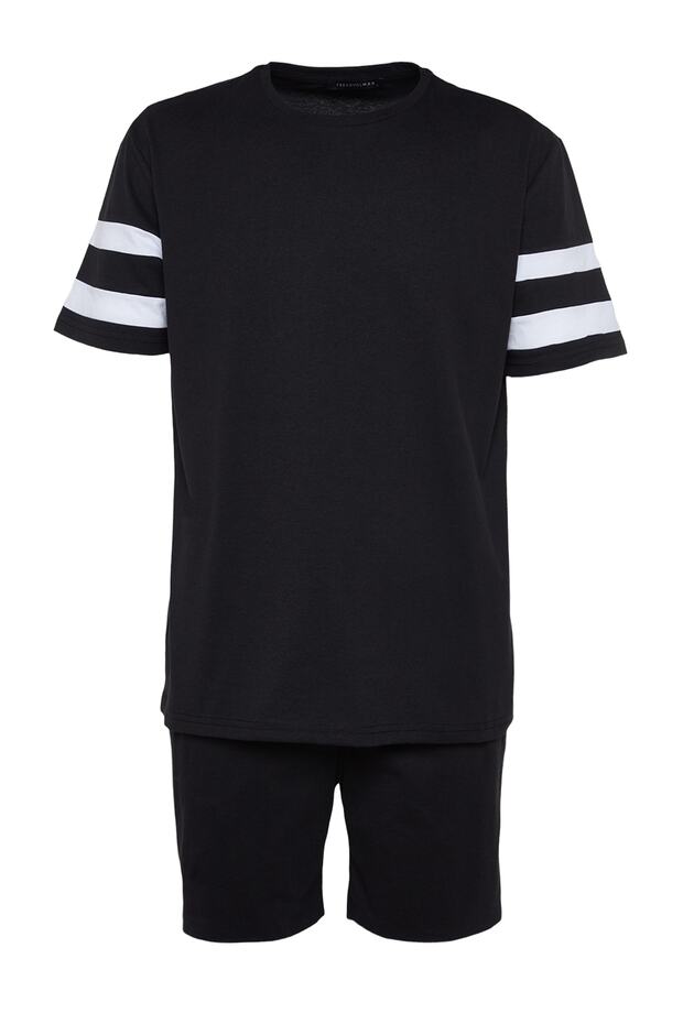 Siyah Regular Fit Bisiklet Yaka Kol Şeritli Şortlu Pijama Takımı TMNSS23PT00001 - 12