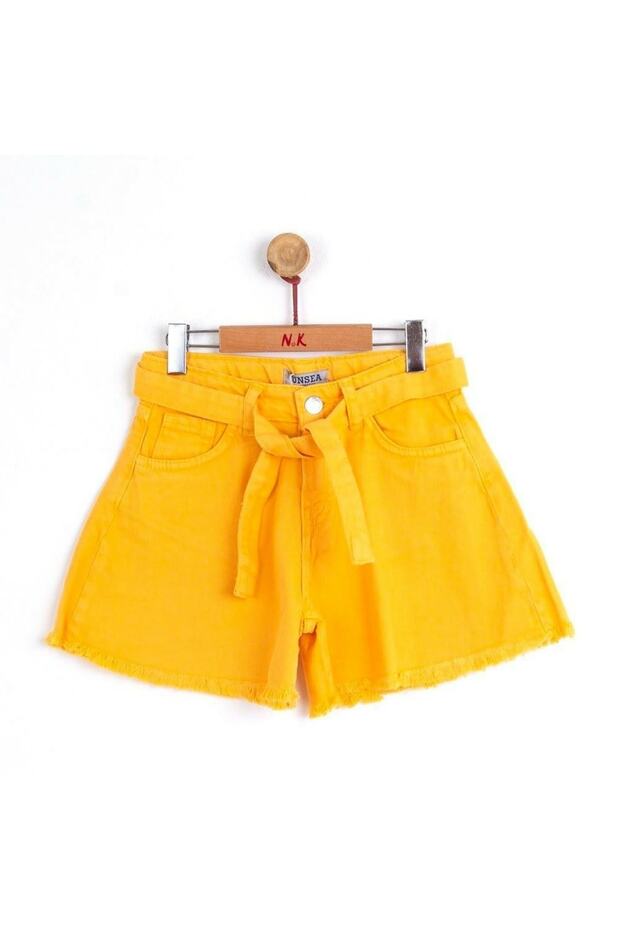 Girl's Button Zipper Closure Multi-Pocket Belted Woven Linen Shorts