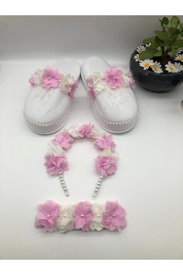 Maternity Set Pink White Floral Maternity Set Crown Slippers Bandana Set – Maternity Set – Maternity Set – L