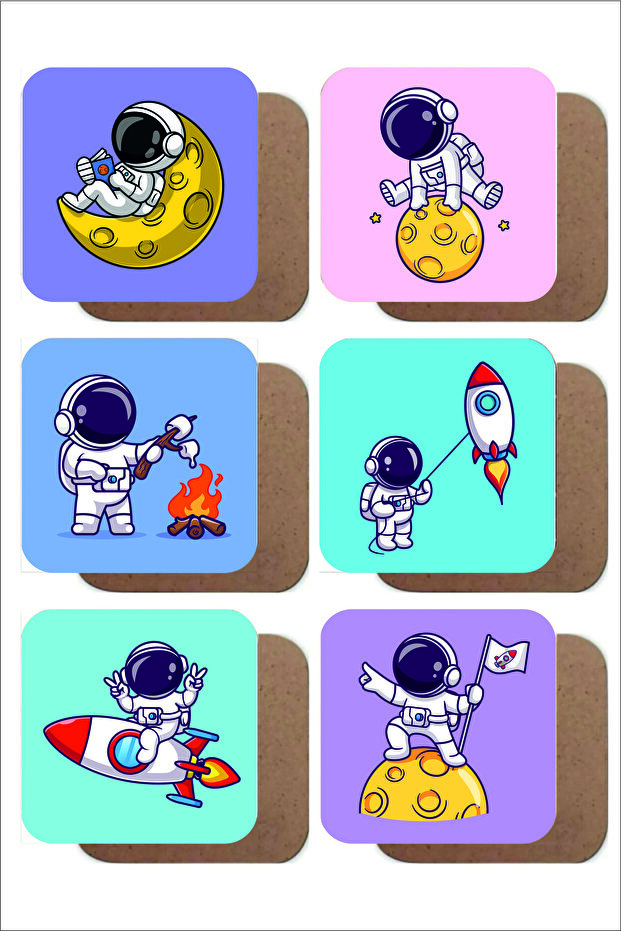 Cute Astronaut Set of 6 Wooden Coasters