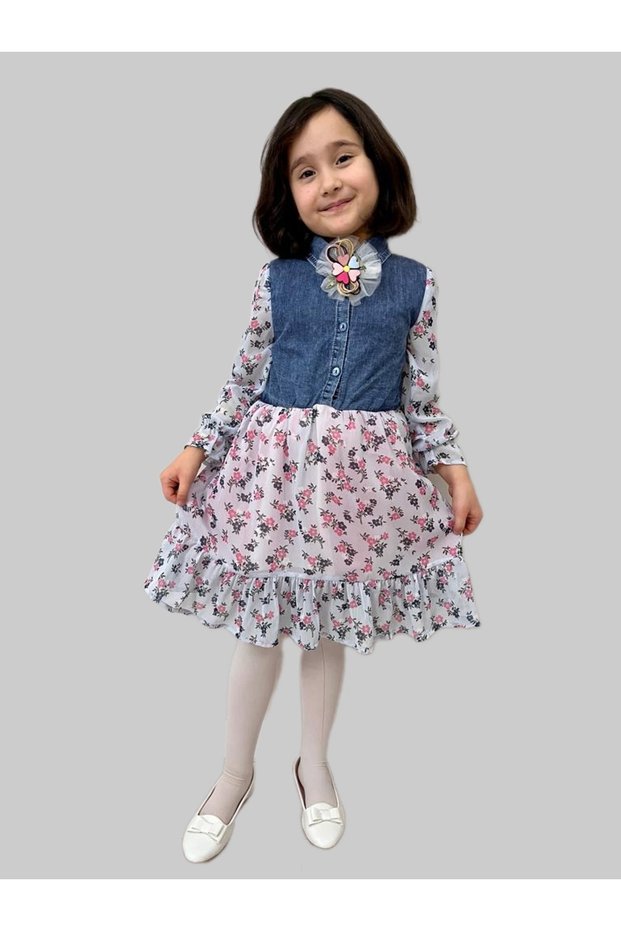 Girl's Denim Dress/ Denim Shirt Collar Dress/ Floral Patterned Chiffon Dress/with buckle
