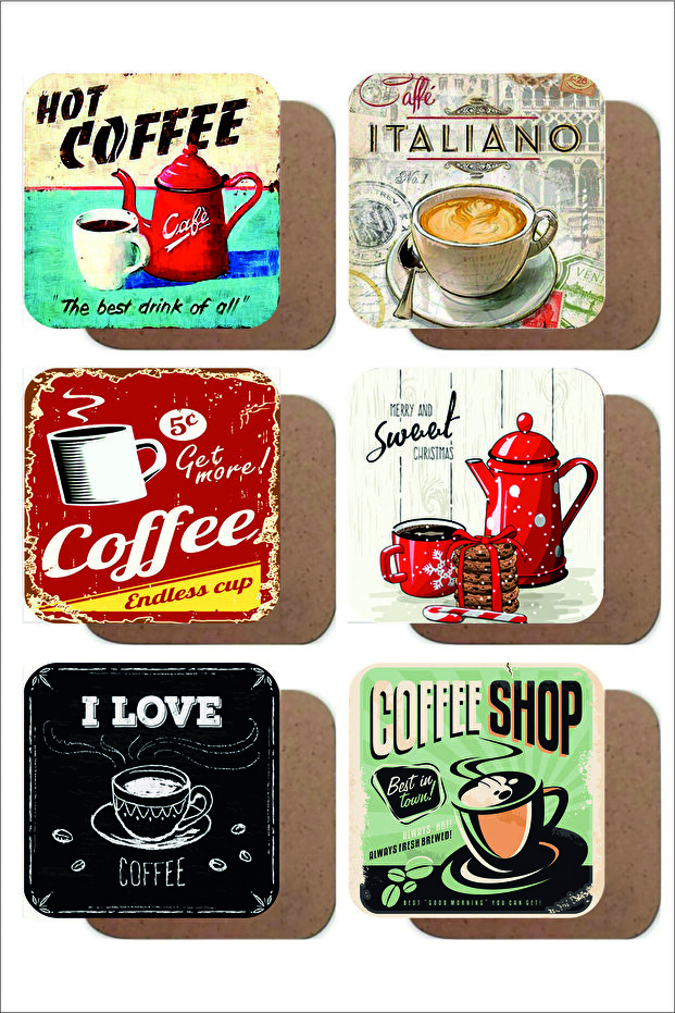 Coffee Themed Retro / Vintage Set of 6 Wooden Coasters