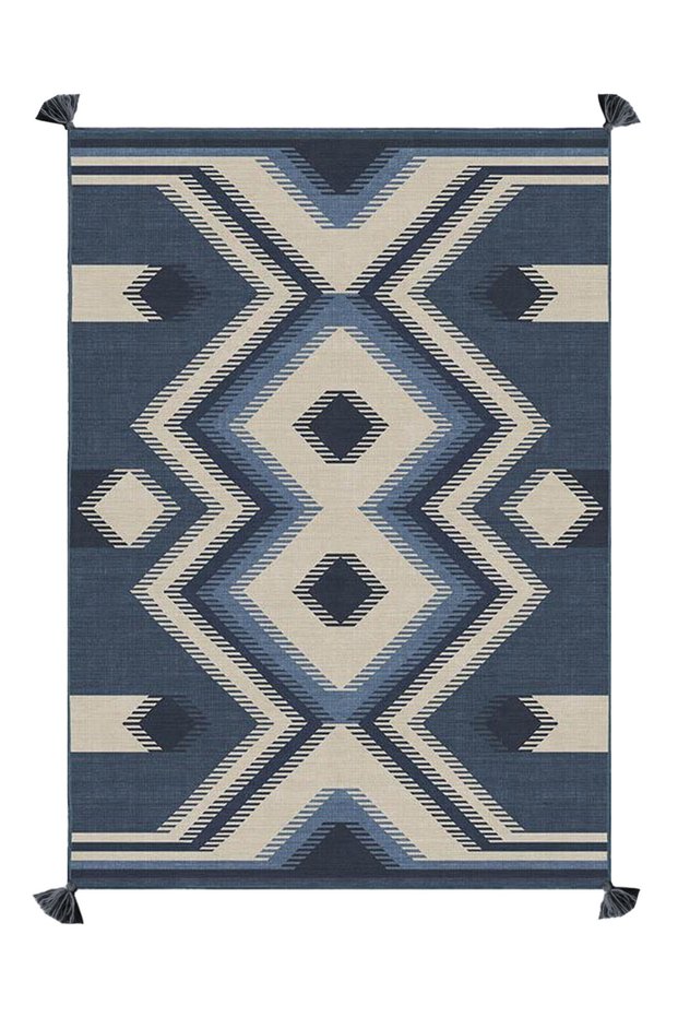 Mira 1179 Blue Navy Blue Ikat Ethnic Patterned Tasseled Woven Base Carpet