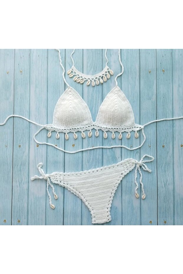 Women's White Crochet Knit Sea Shell Pendant Three Piece Bikini Set