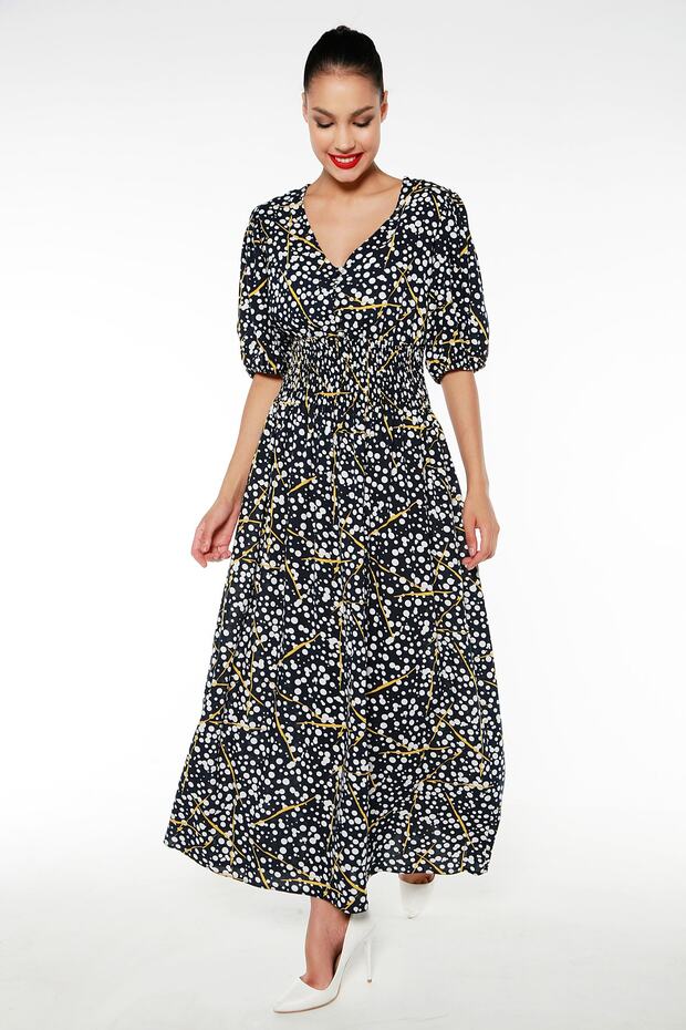 Balloon Sleeves, Waist Tie, V-Neck, Polka Dot, Navy Blue Long Dress