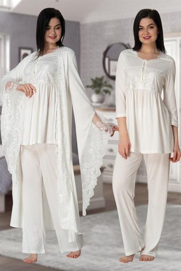 Effort Ecru Special Lace Maternity Maternity Pajamas Set with Dressing Gown