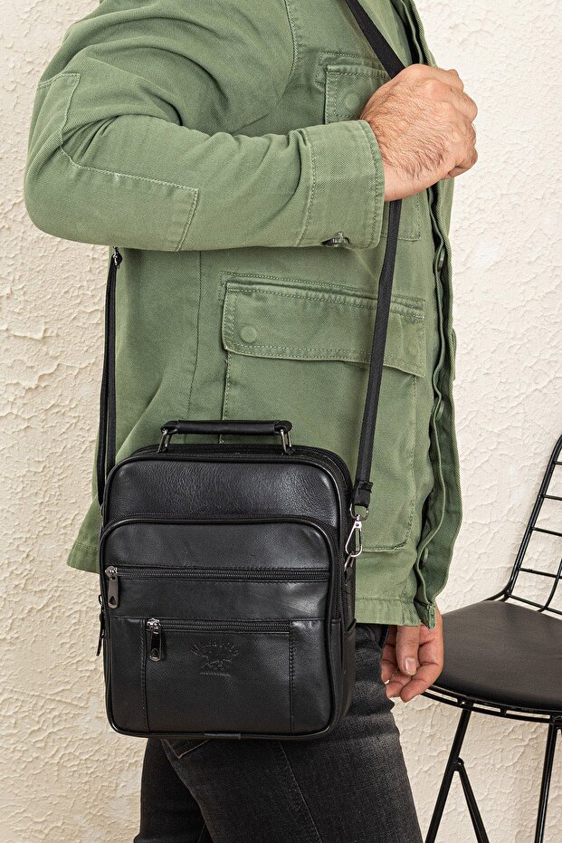 Men's Black Genuine Leather Men's Steel Case Hand and Shoulder Bag (Large Size)