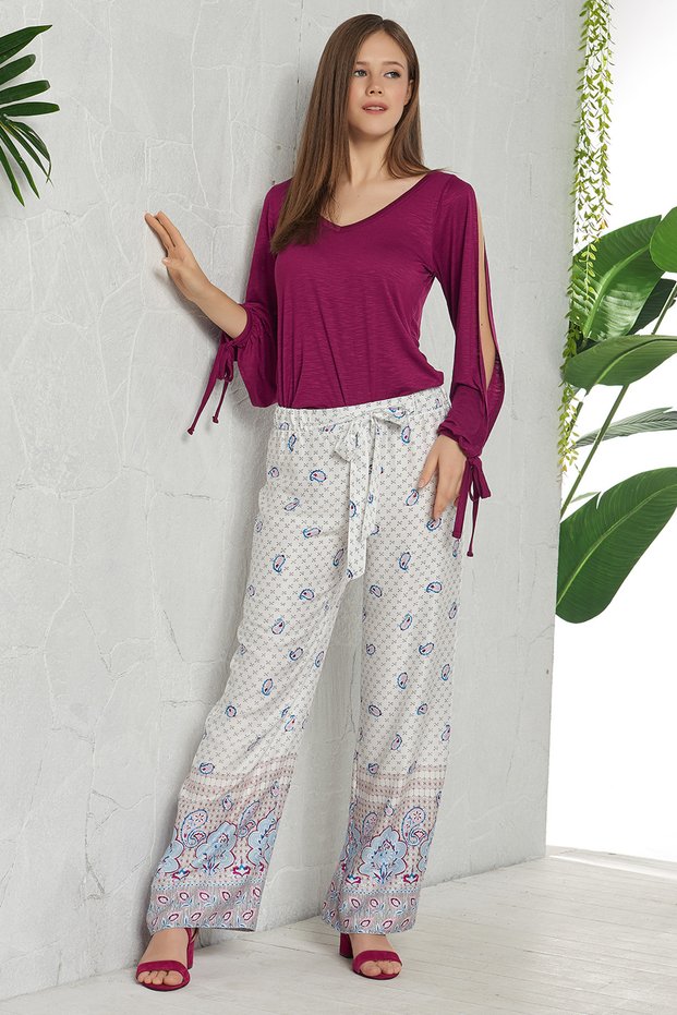 Women's Purple Sleeve Detailed Trousers Set - Outlet Product