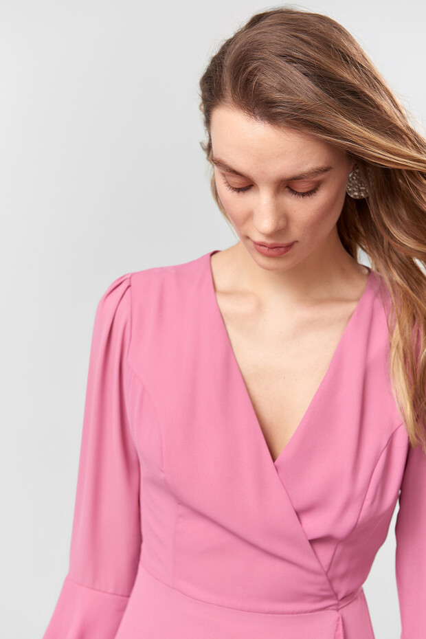 Gül Kurusu Fırfırlı Kruvaze Elbise TOFSS18LL0035 - 8