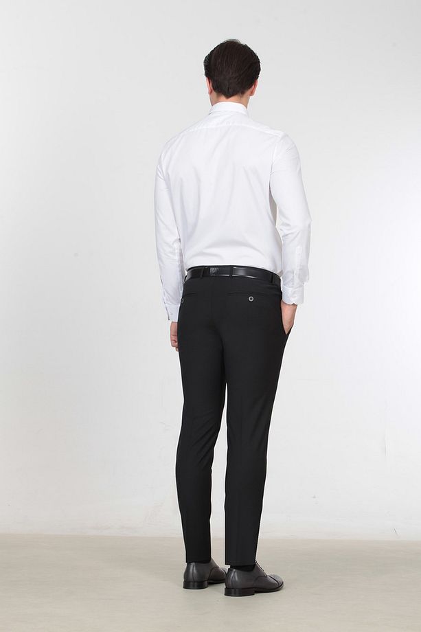 Siyah Düz Dokuma Slim Fit Klasik Yün Karışımlı Pantolon - 5