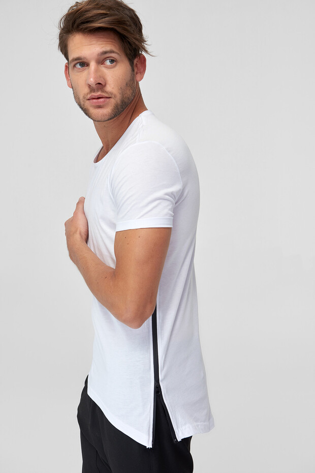Eksi 1 Beyaz Erkek Pamuk T-Shirt - Su Geçirmez Fermuarlı Arkası Yırtmaçlı Street-Style - 3