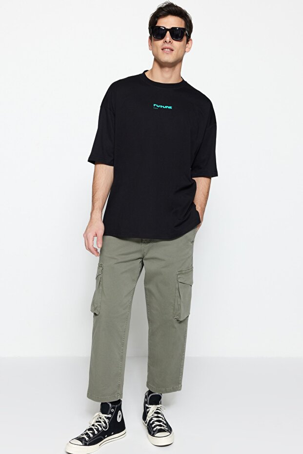 Siyah Oversize/Geniş Kesim Kabarık Baskılı %100 T-Shirt TMNSS23TS00171 - 4