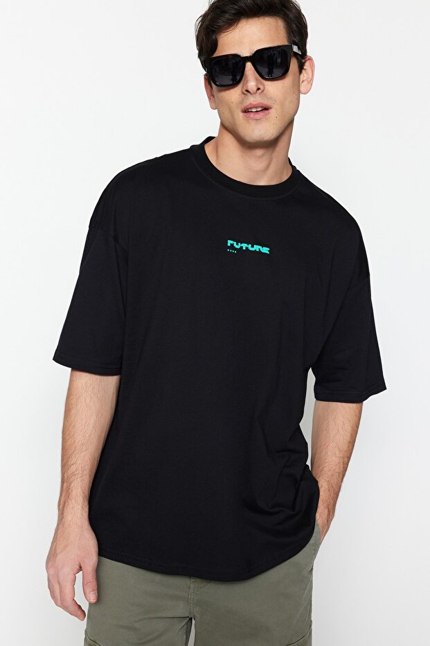 Siyah Oversize/Geniş Kesim Kabarık Baskılı %100 T-Shirt TMNSS23TS00171 - 3