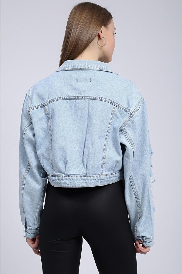 Jachetă de blugi crop cu mâneci și guler - 3