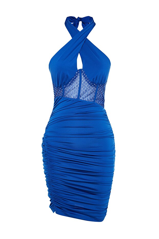Saks Vücuda Oturan Korse Detaylı Örme Kısa Şık Abiye Elbise TPRSS23EL00318 - 7