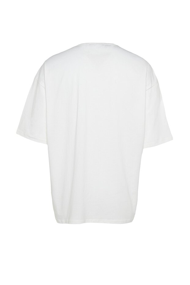Ekru Oversize/Geniş Kesim Kısa Kol Minimal Nakış İşlemeli Cepli T-shirt TMNSS23TS00100 - 8
