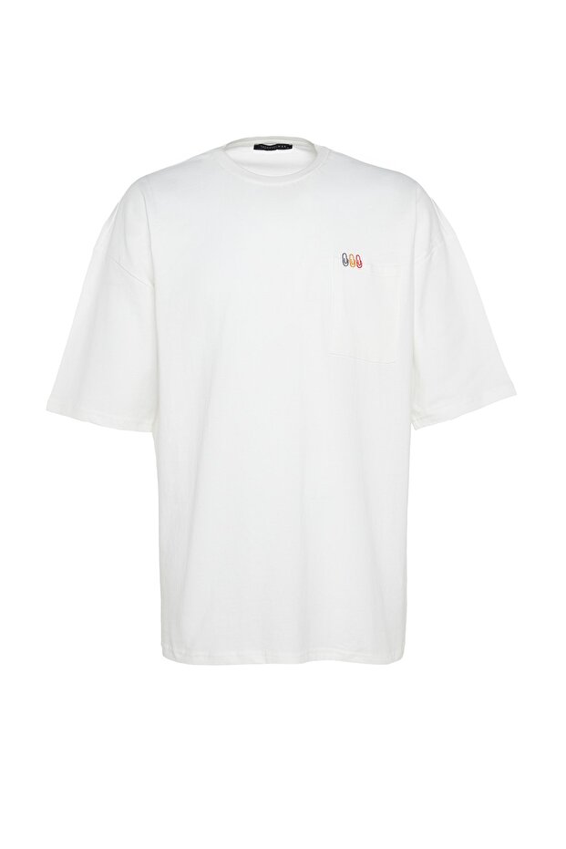 Ekru Oversize/Geniş Kesim Kısa Kol Minimal Nakış İşlemeli Cepli T-shirt TMNSS23TS00100 - 7
