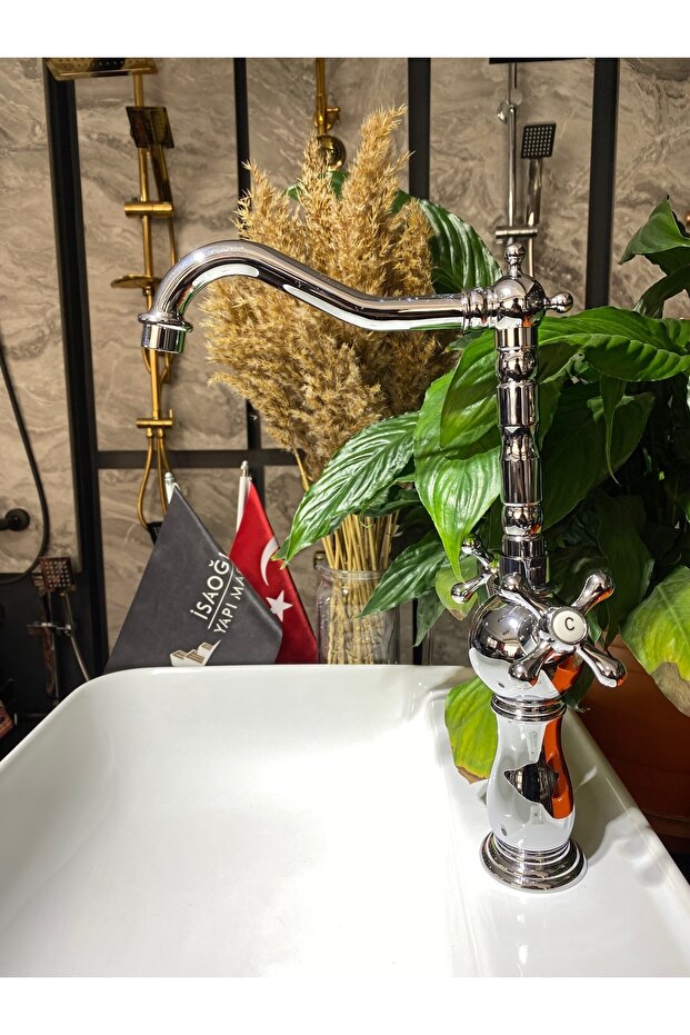 Rustik Mutfak Bataryası Gümüş Evye Musluğu Avantgarde Tasarım Aç Kapa Sistem Mutfak Bataryası - 1