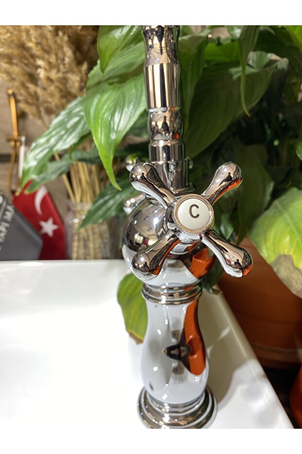 Rustik Mutfak Bataryası Gümüş Evye Musluğu Avantgarde Tasarım Aç Kapa Sistem Mutfak Bataryası - 2