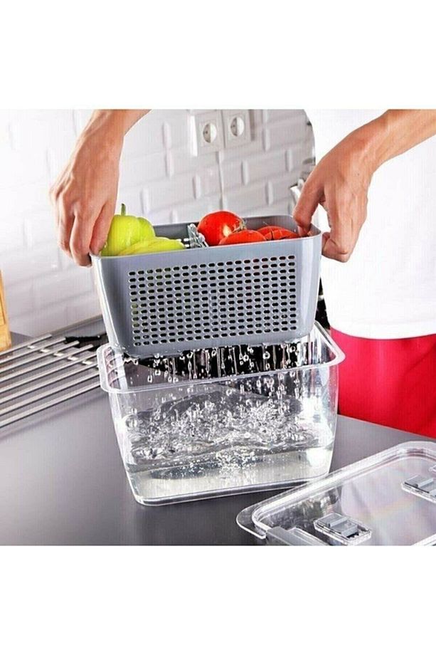 3'lü (2,5 Lt, 5Lt, 9Lt)Süzgeçli Bölmeli Organizer Buzdolabı Hava Geçirmez Saklama Kabı - 5