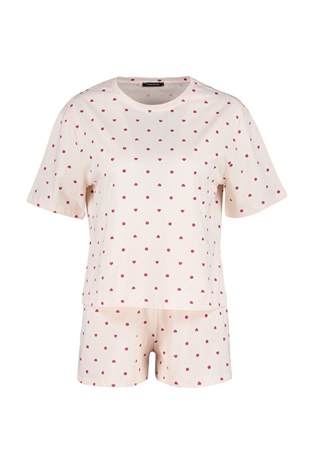 Açık Pembe %100 Pamuklu Puantiyeli ve Kalpli Şortlu Örme Pijama Takımı THMSS21PT1485 - 7