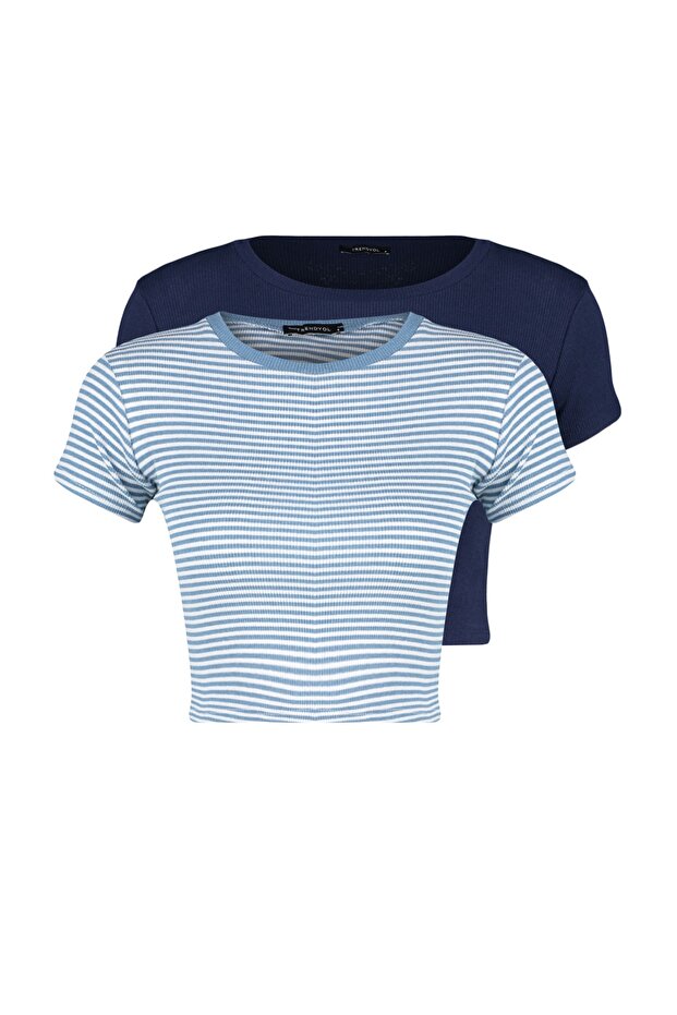 Mavi Çizgili-Lacivert Düz 2'li Paket Fitted/Vücuda Oturan Crop Fitilli Örme Bluz TWOSS23BZ00388 - 6