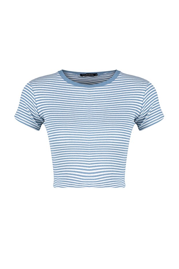 Mavi Çizgili-Lacivert Düz 2'li Paket Fitted/Vücuda Oturan Crop Fitilli Örme Bluz TWOSS23BZ00388 - 7