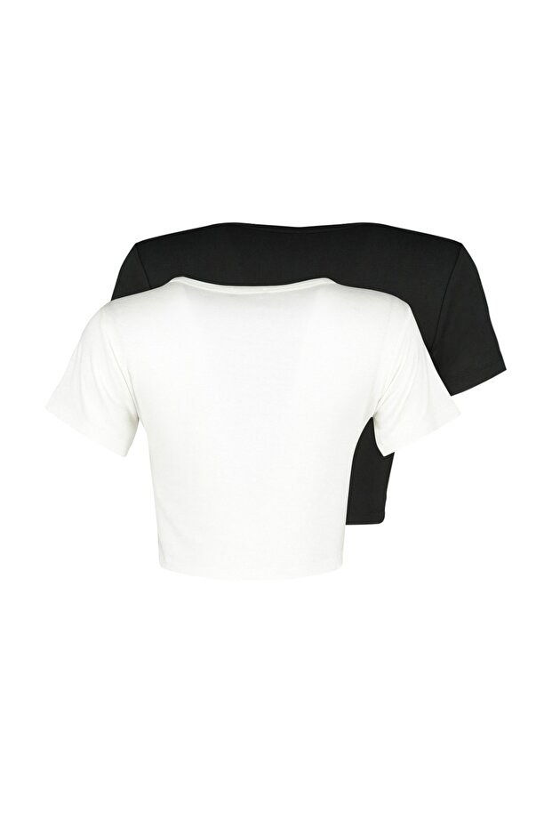 Siyah-Ekru 2'li Paket Crop Viskoz/Yumuşak Kumaş Esnek Örme Bluz TWOSS23BZ00108 - 8
