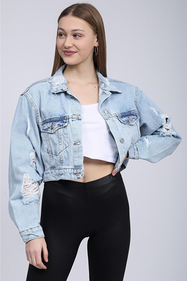 Jachetă de blugi crop cu mâneci și guler - 2