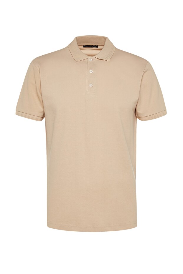 Bej Slim/Dar Kesim Yakası Çizgili Basic %100 Pamuk Polo Yaka T-shirt TMNSS20PO0009 - 7