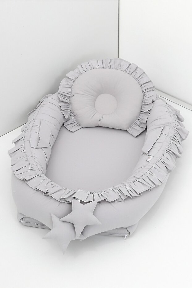 Babynest, Baby Sleeping Bed 0-2 Years - Cotton Fabric - Gray Ruffled